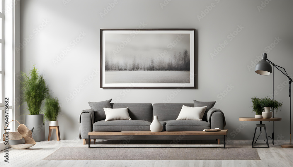 Simple interior design of a modern living room with gray fabric sofa and cushions and poster frame Simple interior design of a modern living room with gray fabric sofa and cushions and poster frame