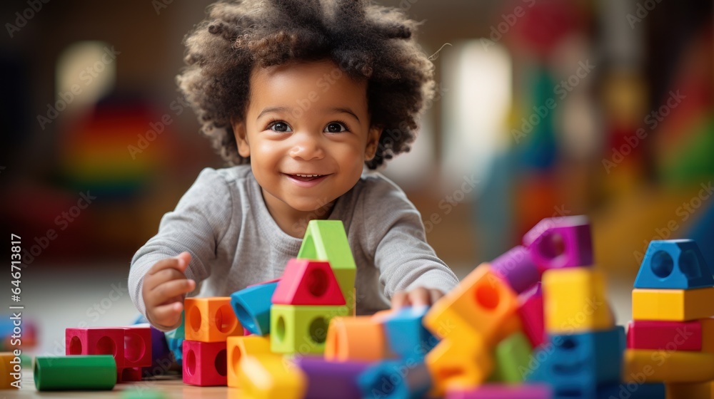 African American toddler playing with colorful wooden block toys African American toddler playing with colorful wooden block toys