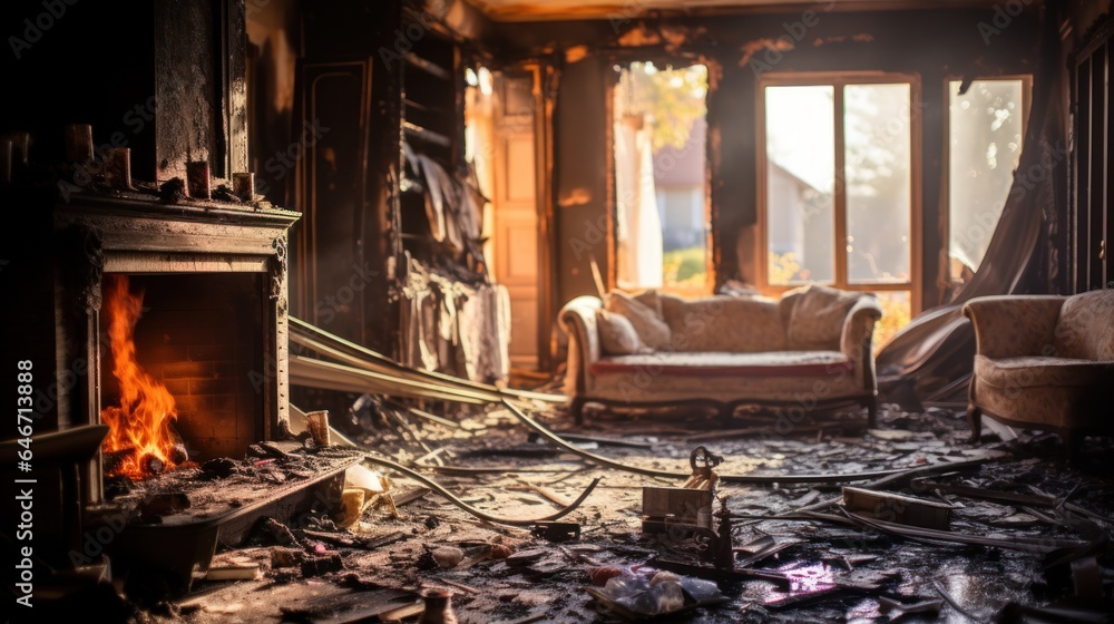 After the house fire, The inside of the house was destroyed in the building after the fire.