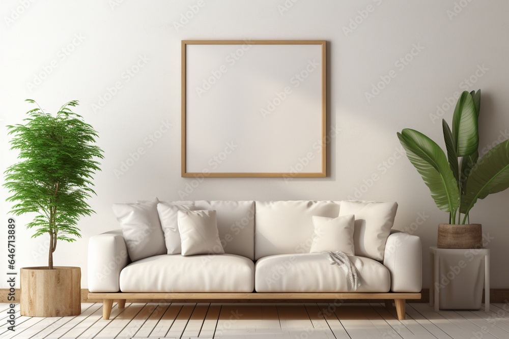 Fototapeta premium Modern Aesthetic Interior Design with Small Blank Poster Created with Generative AI