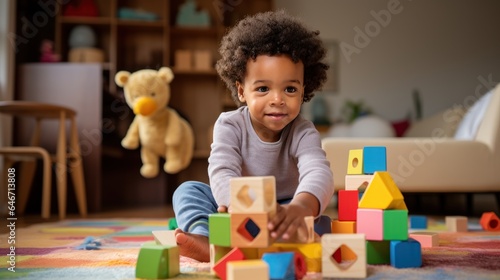 African American toddler playing with colorful wooden block toys