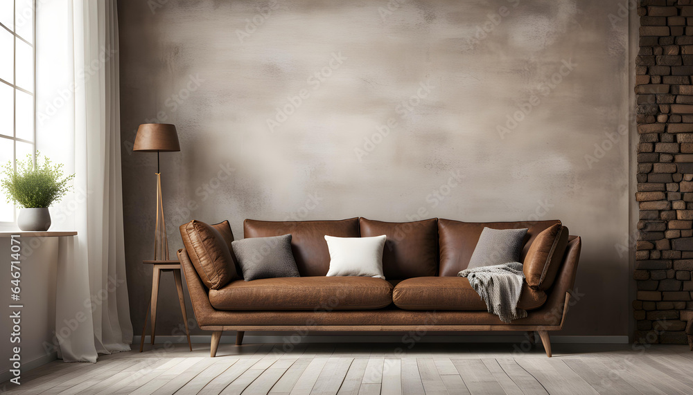 Modern living room simple interior design with brown fabric sofa and cushions and blank poster frame Modern living room simple interior design with brown fabric sofa and cushions and blank poster frame