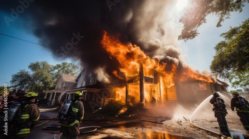 Firefighters are extinguishing a fire in a house.