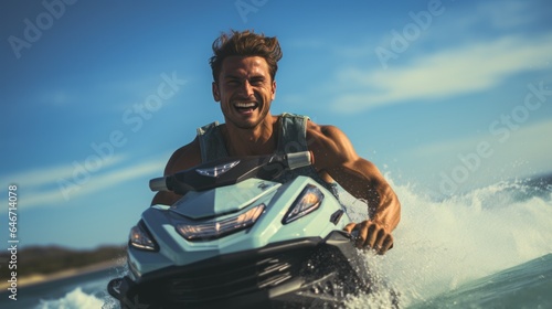 Man driving a jet ski and having fun during summer vacation © sirisakboakaew
