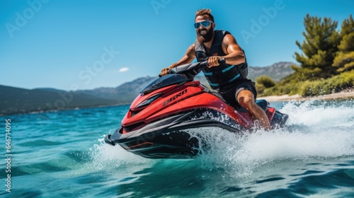 Man driving a jet ski and having fun during summer vacation © sirisakboakaew