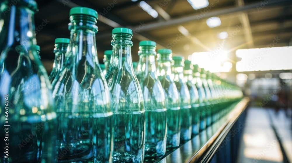 Drinks are bottled in plastic bottles in a clean factory.