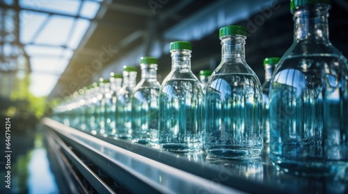 Drinks are bottled in plastic bottles in a clean factory.