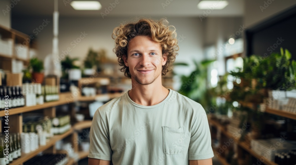 Fototapeta premium The owner is a young man who runs the grocery store.