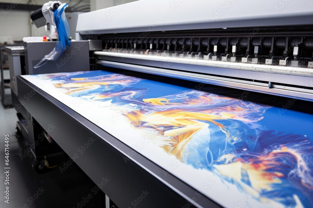 Industrial printing on woven material modern digital inkjet printer puts a blue pattern picture on a cloth canvas, Generative AI - obrazy, fototapety, plakaty 