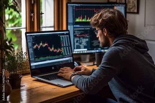 Man looking at a laptop screen displaying stock charts