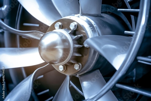 Close-up shot of engine fan, Propellers fan, industrial concept background, Generative AI