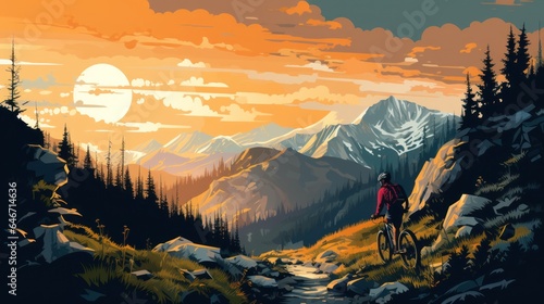 A woman riding a mountain bike rides a bicycle in a summer mountain forest landscape.