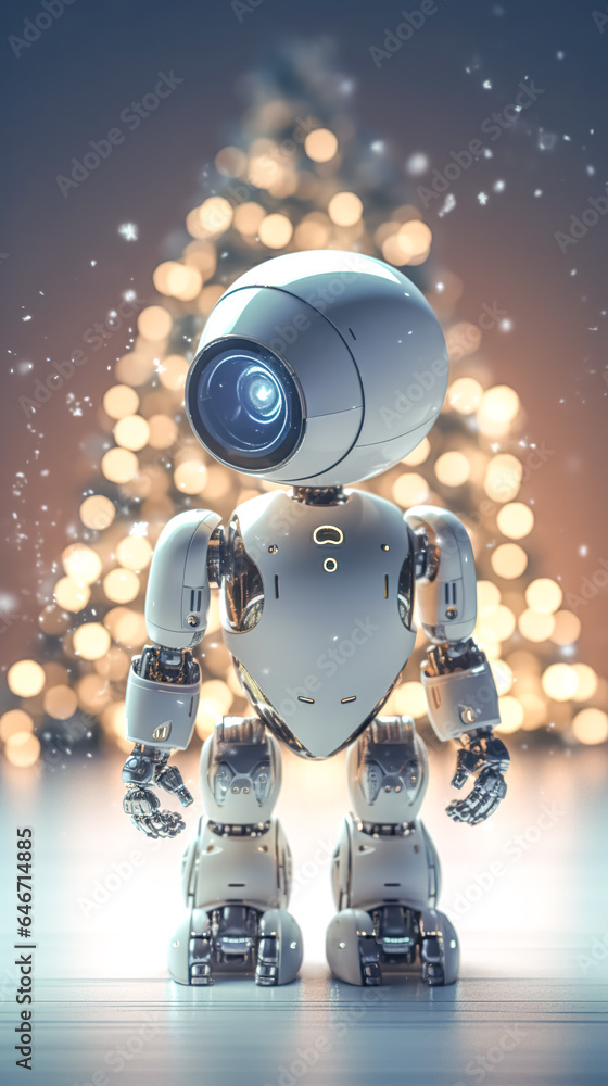 Robot on a blurred background with bokeh lights, generative AI.