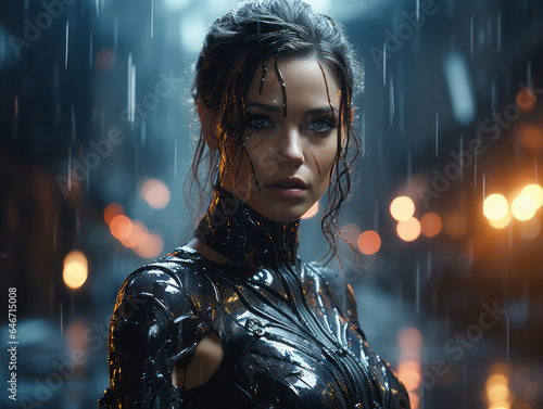 Cyborg woman in the rain with blood on her face. Fantastic. 