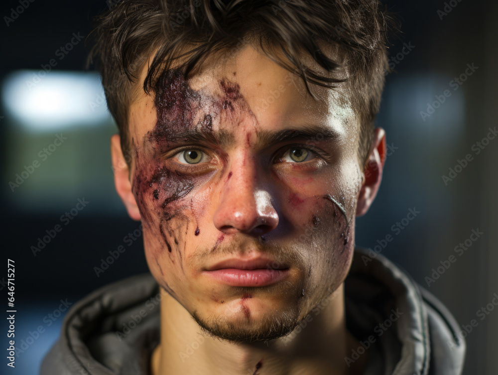 A young man with a broken face, wounds and scratches. A young man with a broken face, wounds and scratches.