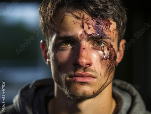 A young guy with a broken face, wounds and scratches. 