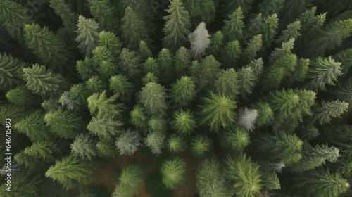 Aerial view of green summer forest with spruce and pine trees forest view from above, aerial top view with copy space design for web banner, Generative AI