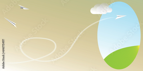 Origami paper plane toy flying in the sky over field, airlines air travel theme.