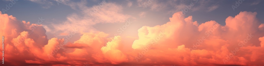 Panoramic landscape of bright red orange sunrise sunset as texture background as template, page or web banner, Generative AI