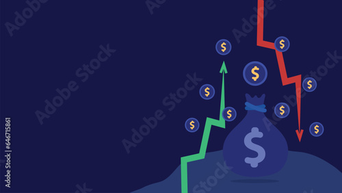 Financial rise and fall concept  vector banner design with money icon, red green colored  increase and decrease arrow icon, dollar sign coin icon on a dark blue background. Finance gain  and loss.