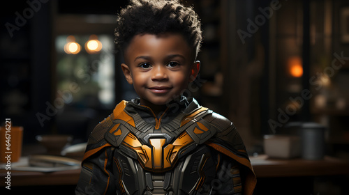 Handsome little black skin boy in fictional hero costume at home