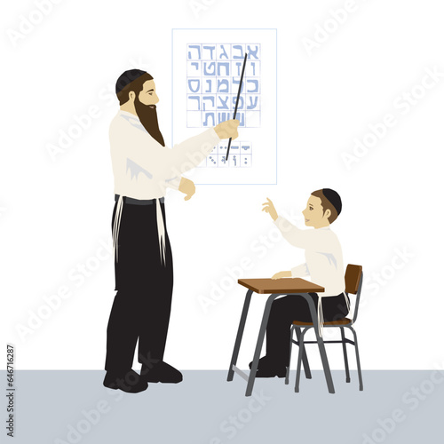 An observant Jewish rabbi teaches a small boy sitting on a chair the letters of the Hebrew alphabet.
In the background on the wall is the vowels and consonants poster.
Flat vector illustration