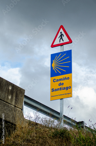 Sign indicating pedestrian crossing on the Camino de Santiago. The translation of the text is way of santiago.