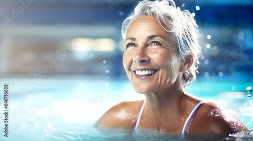 Portrait Active senior woman enjoying aquafit class in pool. Embodying healthy, retirement lifestyle. Banner. © Nataliia