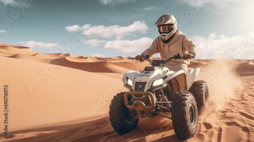 Extreme Quad Biking: Helmeted Driver Freeriding in Desert Dunes.