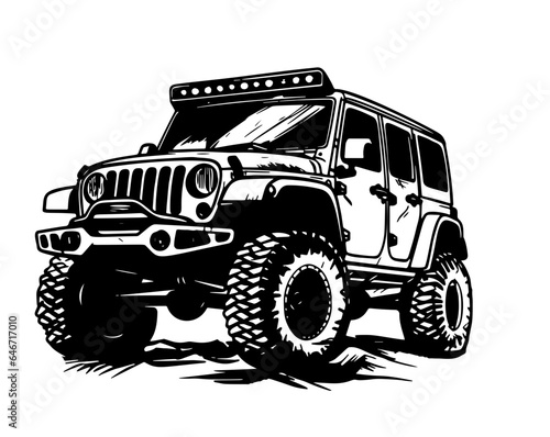 vector off road 4x4 car drawing, black and white, vintage style, vector car for t-shirt design