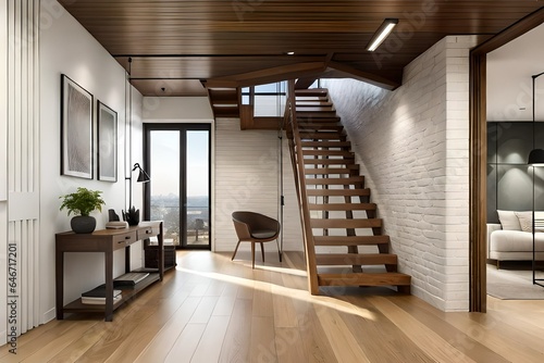 Wooden staircase and stone cladding wall in rustic ...