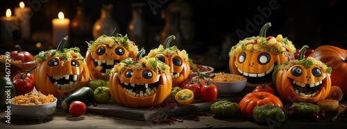 haunting flavors: a vegetarian feast for halloween night with mushroom cream, cheese delights, crisp salads, and sun-kissed tomatoes. Ai Generated