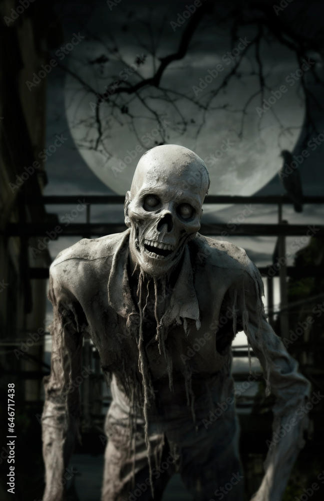 Zombie standing over damaged old wooden bridge, bird, dead tree, full moon with spooky cloudy sky, Halloween mystery concept, Generative AI Zombie standing over damaged old wooden bridge, bird, dead tree, full moon with spooky cloudy sky, Halloween mystery concept, Generative AI