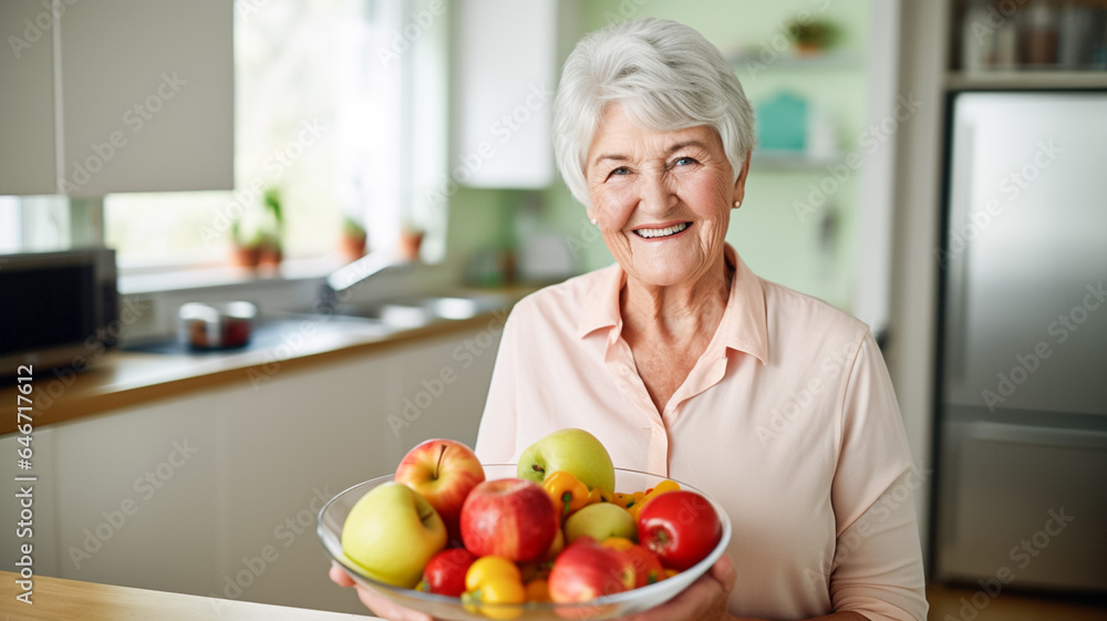 Happy elderly woman with plate of fruits on the kitchen at home. Vegetarianism, wellbeing and healthy lifestyle concept.

