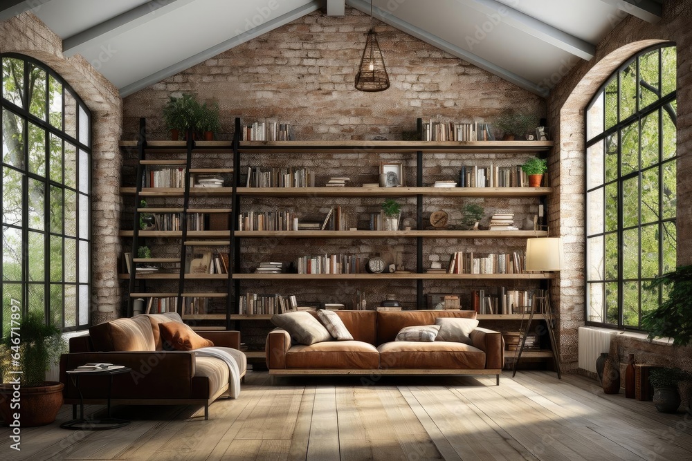 modern industrial library with light natural materials - obrazy, fototapety, plakaty 