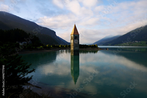 The bell tower in Lake Resia Trentino Alto Adige Italy