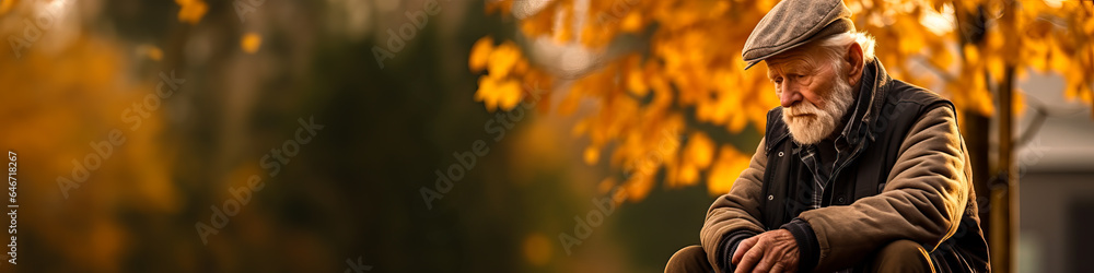 An elderly man sitting outdoors, surrounded by autumn leaves. Concept of aging, the fall of life, dementia and Alzheimer's. Old age. Shallow field of view with copy space. - obrazy, fototapety, plakaty 