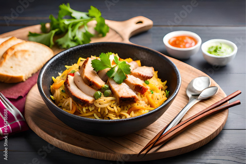 Chicken biryani with steamed basmati rice with tomato sause