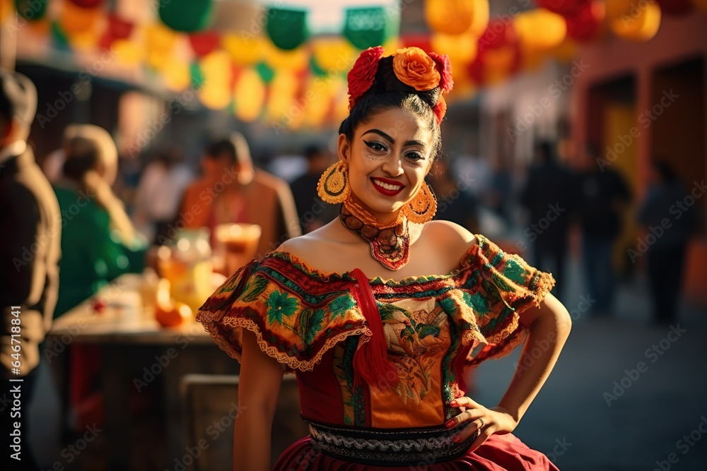 
Portrait of woman with traditional la muerte makeup, Mexican festival Dia de los Muertos day of dead celebration 
