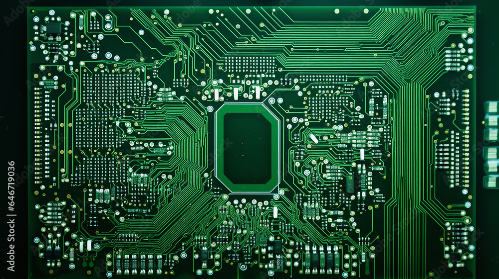 green microelectronics, microchip computer printed circuit board electronic chip, abstract fictional background