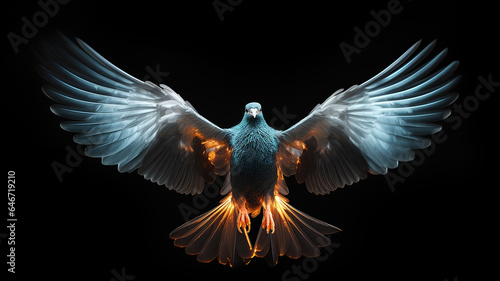 a small bird on a black background, glass transparent sculpture isolated on a black background, luminous luminescent colors