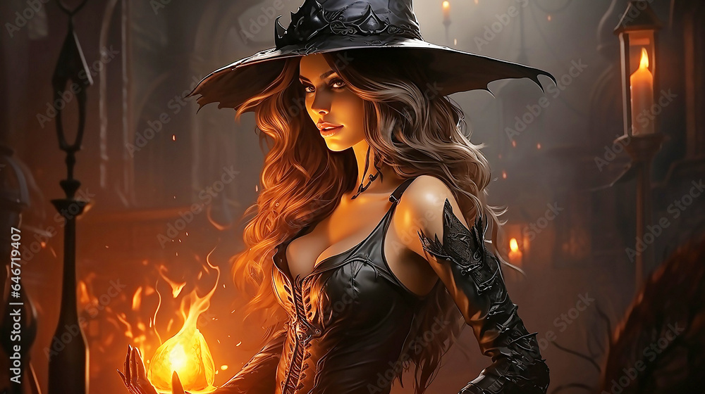 Fototapeta premium Halloween Witch . Beautiful young woman in witches hat, dark magic forest background. Wide Halloween party art design.