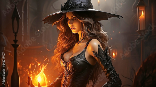 Halloween Witch . Beautiful young woman in witches hat, dark magic forest background. Wide Halloween party art design.