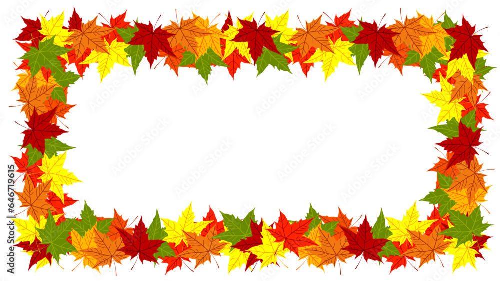 Rectangular frame of bright yellow orange red maple leaves isolated on white background. Autumn backdrop. Copy space. Fall season. Sale flyer, banner or template. Foliage. October. Acer leaf. Poster. Rectangular frame of bright yellow orange red maple leaves isolated on white background. Autumn backdrop. Copy space. Fall season. Sale flyer, banner or template. Foliage. October. Acer leaf. Poster.