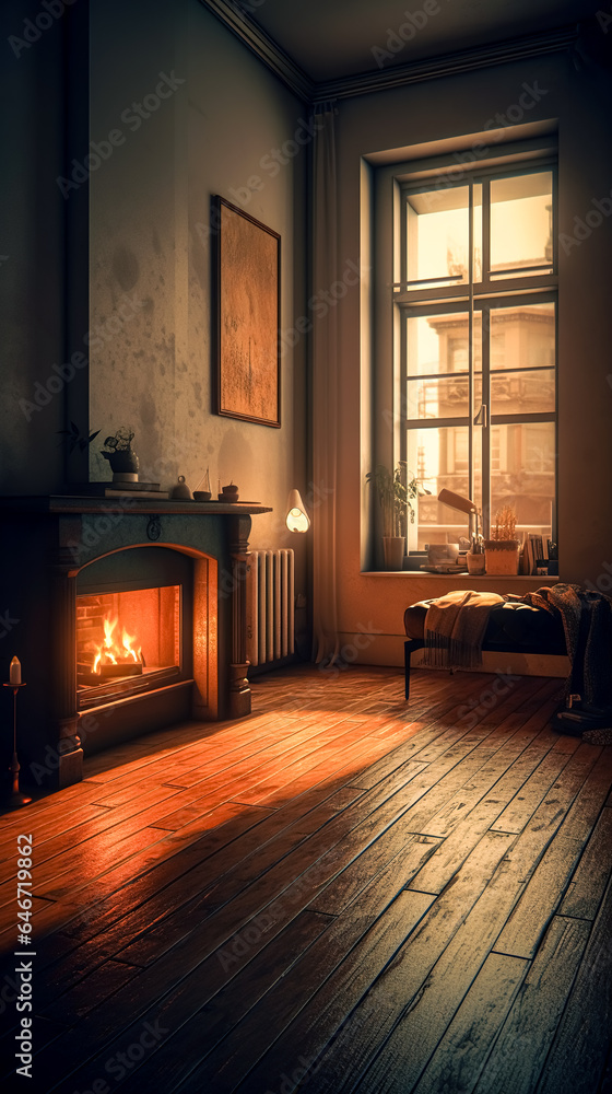 Living room interior with fireplace, generative AI. Living room interior with fireplace, generative AI.