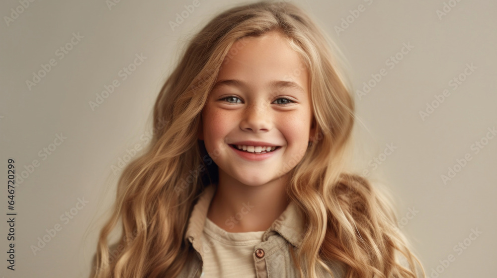 Portrait of a cheerful blonde kid, clad in neutral tones, beaming against a studio's light beige backdrop. Generative AI Portrait of a cheerful blonde kid, clad in neutral tones, beaming against a studio's light beige backdrop. Generative AI