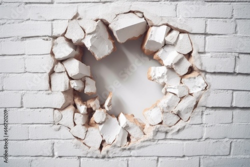 Broken hole in the white brick wall. Conceptual image.