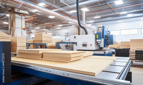 Workshop for the production of particle boards, manufacture of chipboard, veneer, plywood, wood panels. Wood processing. Woodworking industry concept, Generative AI photo