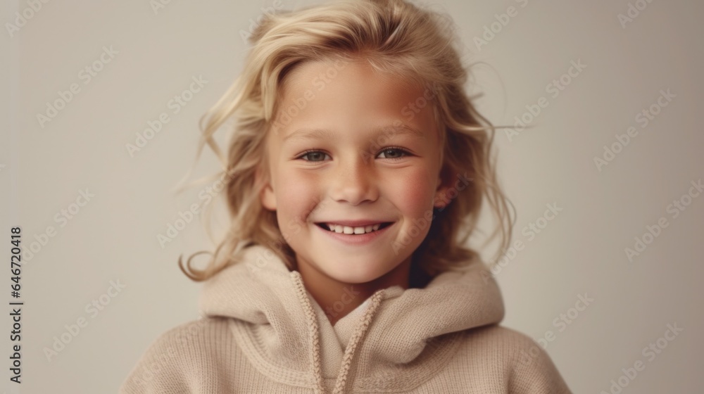 A happy little girl with blonde hair, dressed in soft colors, posing against a light beige studio background, beaming with joy. Generative AI A happy little girl with blonde hair, dressed in soft colors, posing against a light beige studio background, beaming with joy. Generative AI