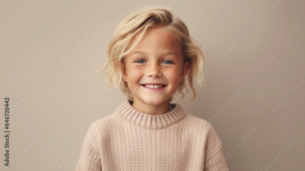 Portrait of a happy blonde child in a studio with a light beige backdrop. Generative AI Portrait of a happy blonde child in a studio with a light beige backdrop. Generative AI